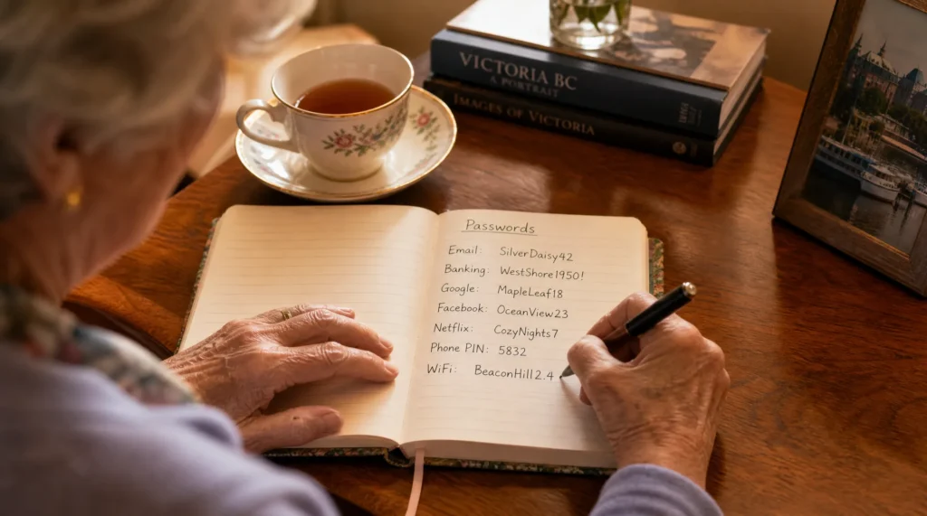 Close-up of an elderly woman's hands writing in a small password notebook at a wooden desk in Victoria BC