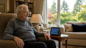 Elderly man in Victoria BC comfortably using a voice assistant and tablet in his well-lit living room