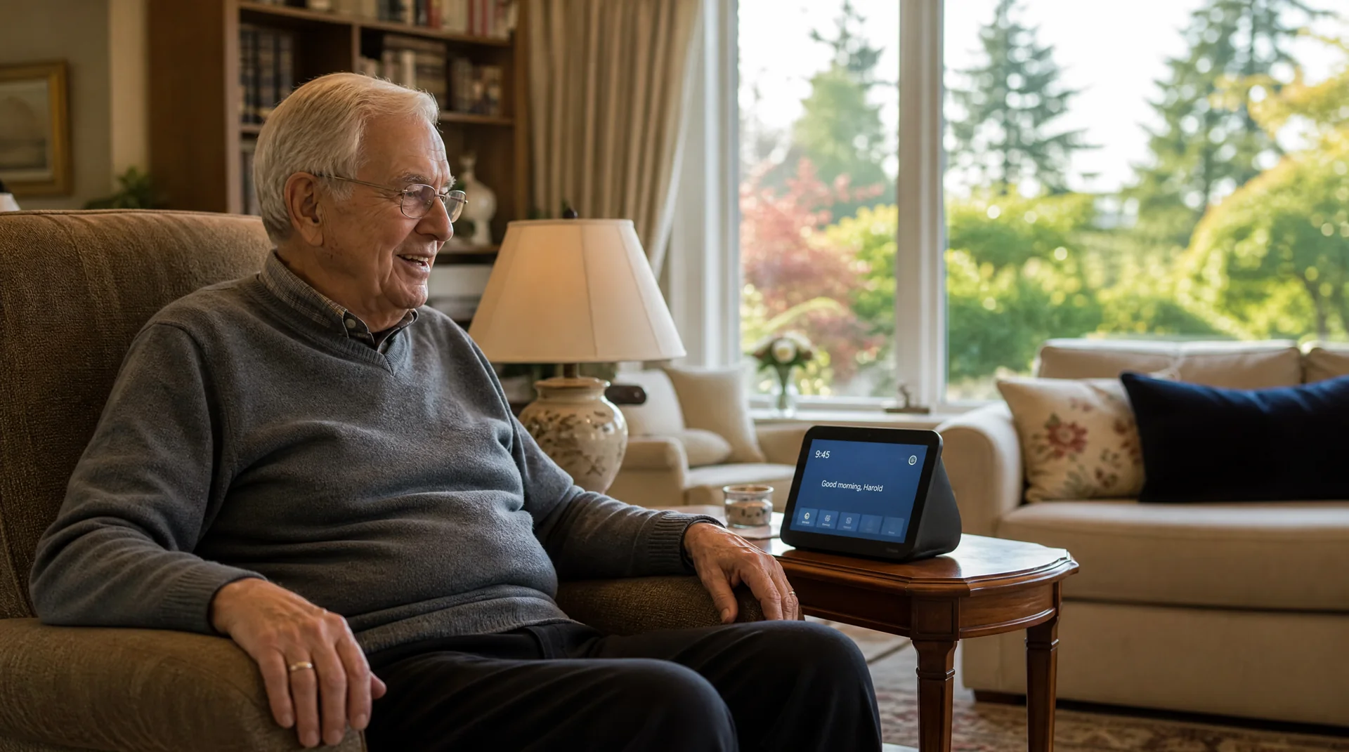 Elderly man in Victoria BC comfortably using a voice assistant and tablet in his well-lit living room