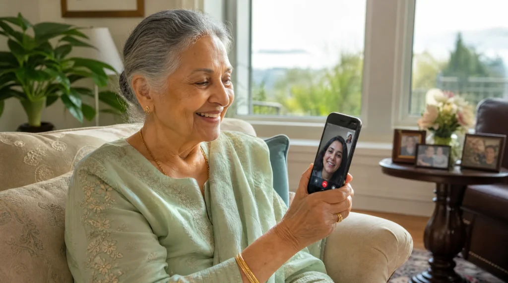 Elderly South Asian woman in Victoria BC smiling warmly during a WhatsApp video call on an Android smartphone