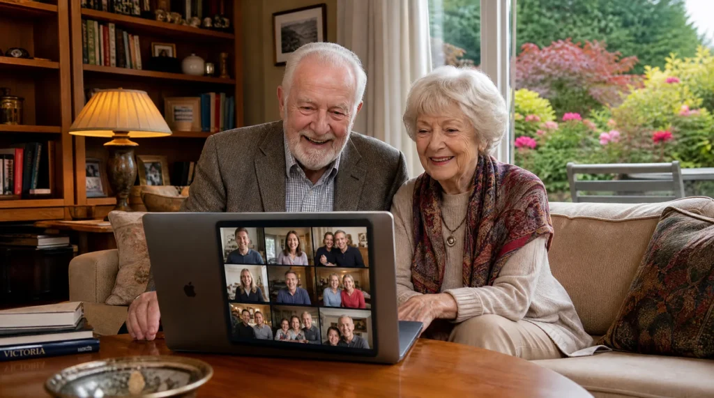 Close-up of an elderly man's hands holding an iPad showing a FaceTime call in progress in Victoria BC